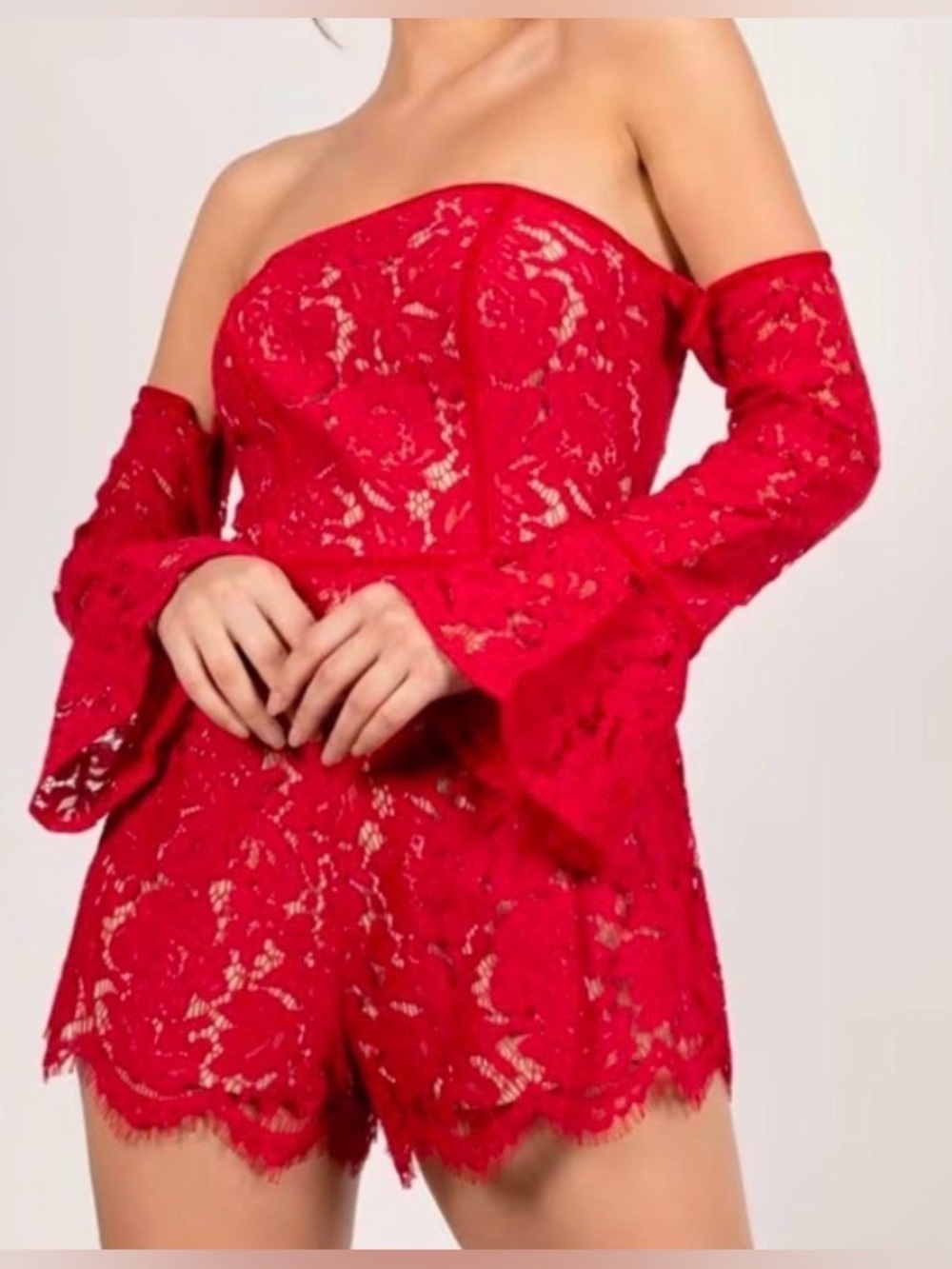 Tobi Red Lace Off Shoulder Bell Sleeve Romper XS NWT